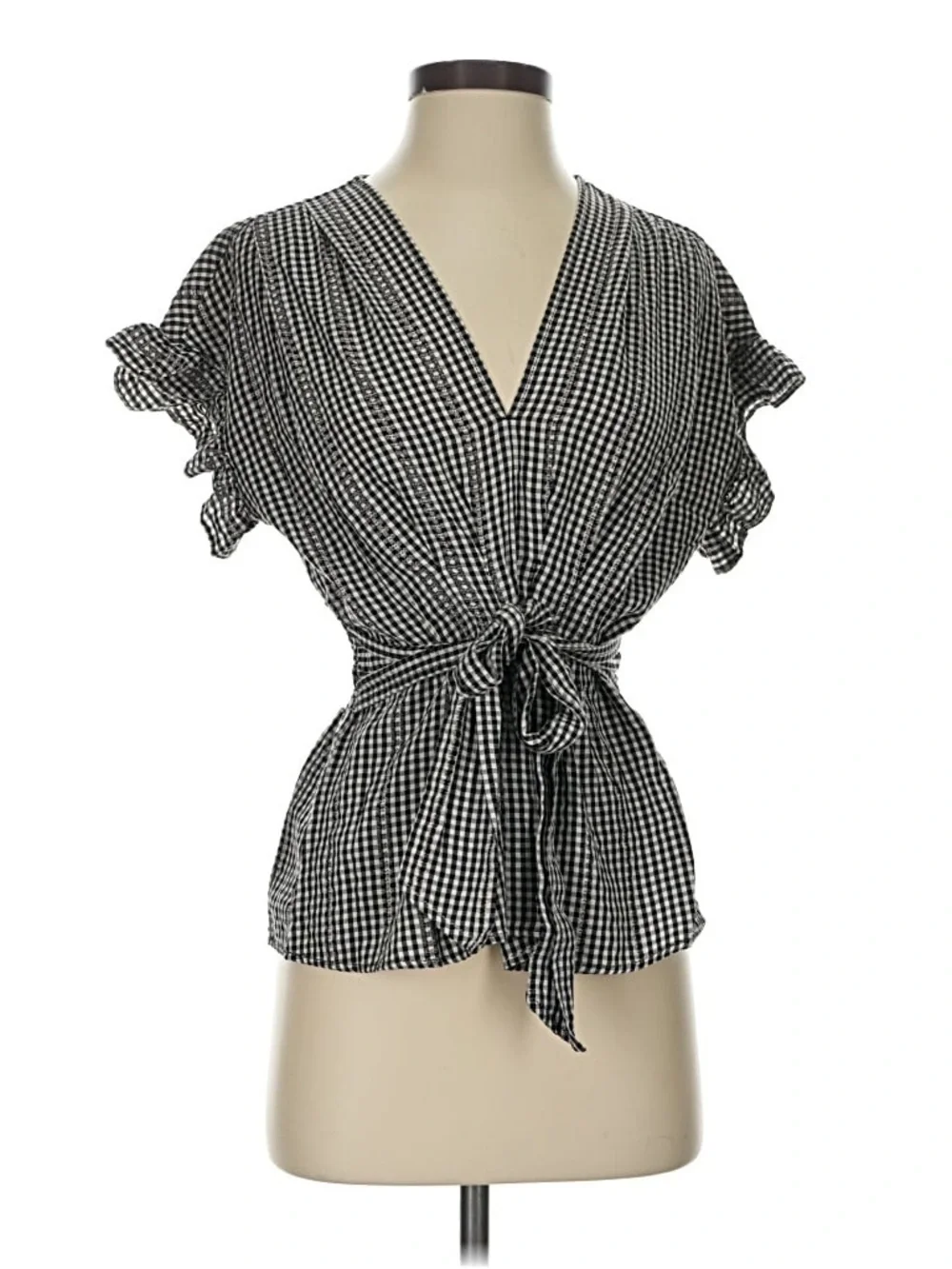 Max Studio Black White Gingham V-Neck Ruffle Sleeve Blouse
